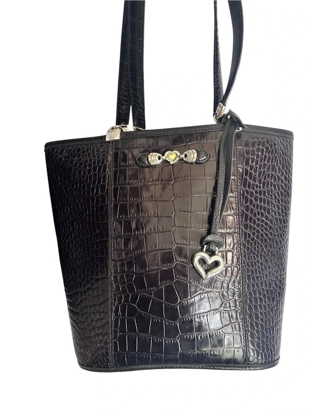 Vintage Brighton Shiny Black Croc Embossed Leather Shoulder Bucket Bag Purse